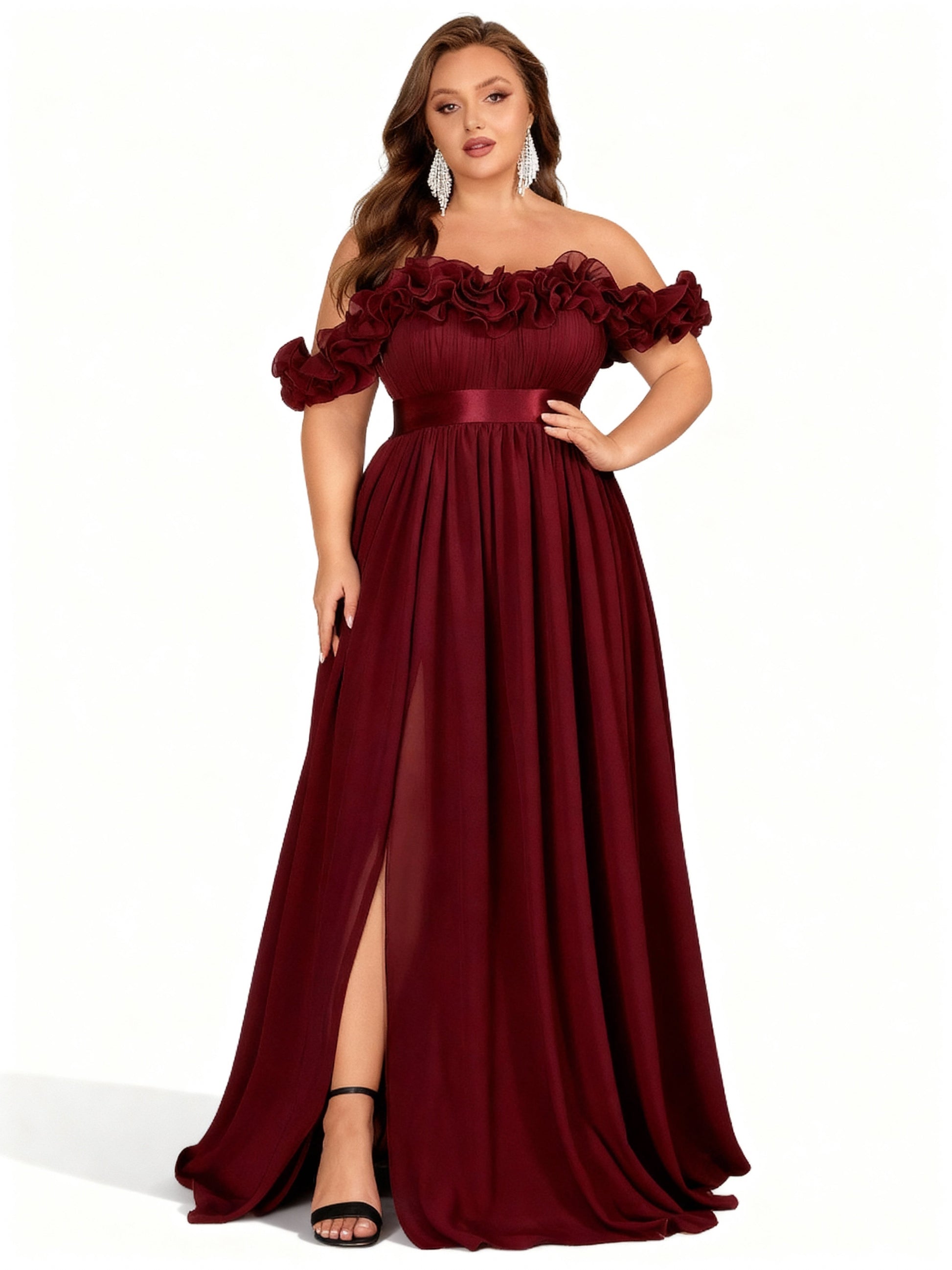 Stalluxe | Schulterfreies Blumenkleid in Großen Größen Weinrot