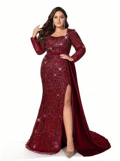 Stalluxe | Formelles Paillettenkleid in Großen Größen Weinrot