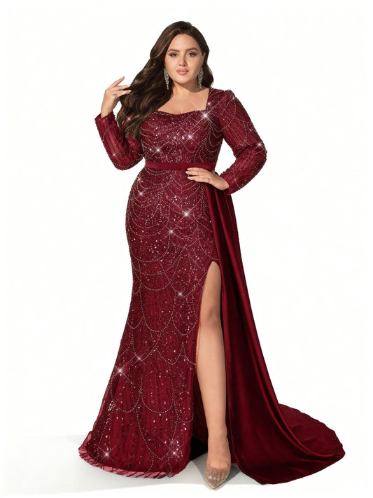 Stalluxe | Formelles Paillettenkleid in Großen Größen Weinrot