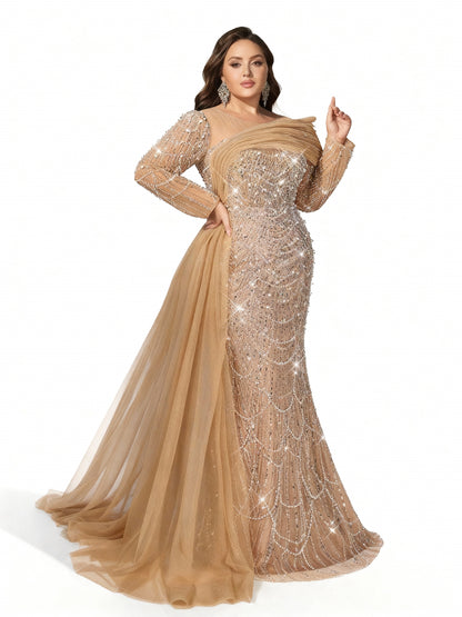 Stalluxe | Glamouröses Abendkleid in Champagner mit Pailletten, langen Ärmeln und Meerjungfrauen-Saum in Übergröße Champagner