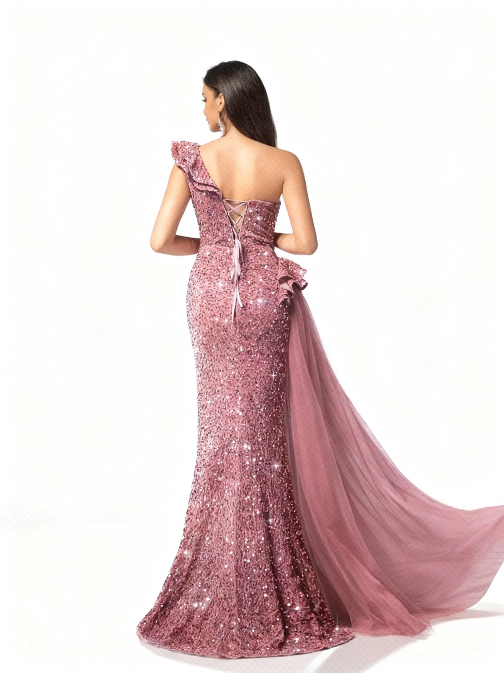 Stalluxe - Feenhaftes rosa Spitzenkleid mit Falten und Pailletten