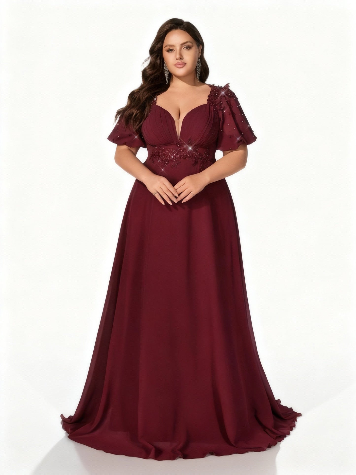 Stalluxe | Klassisches Burgunderrotes Chiffon-Abendkleid mit Tiefem V-Ausschnitt und Volantärmeln