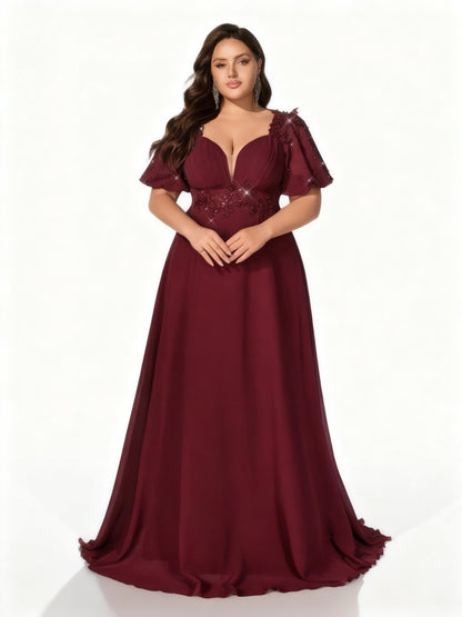 Stalluxe | Klassisches Burgunderrotes Chiffon-Abendkleid mit Tiefem V-Ausschnitt und Volantärmeln