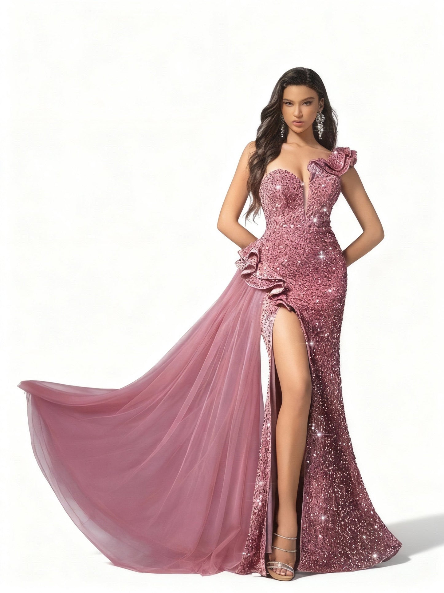 Stalluxe - Feenhaftes rosa Spitzenkleid mit Falten und Pailletten XL