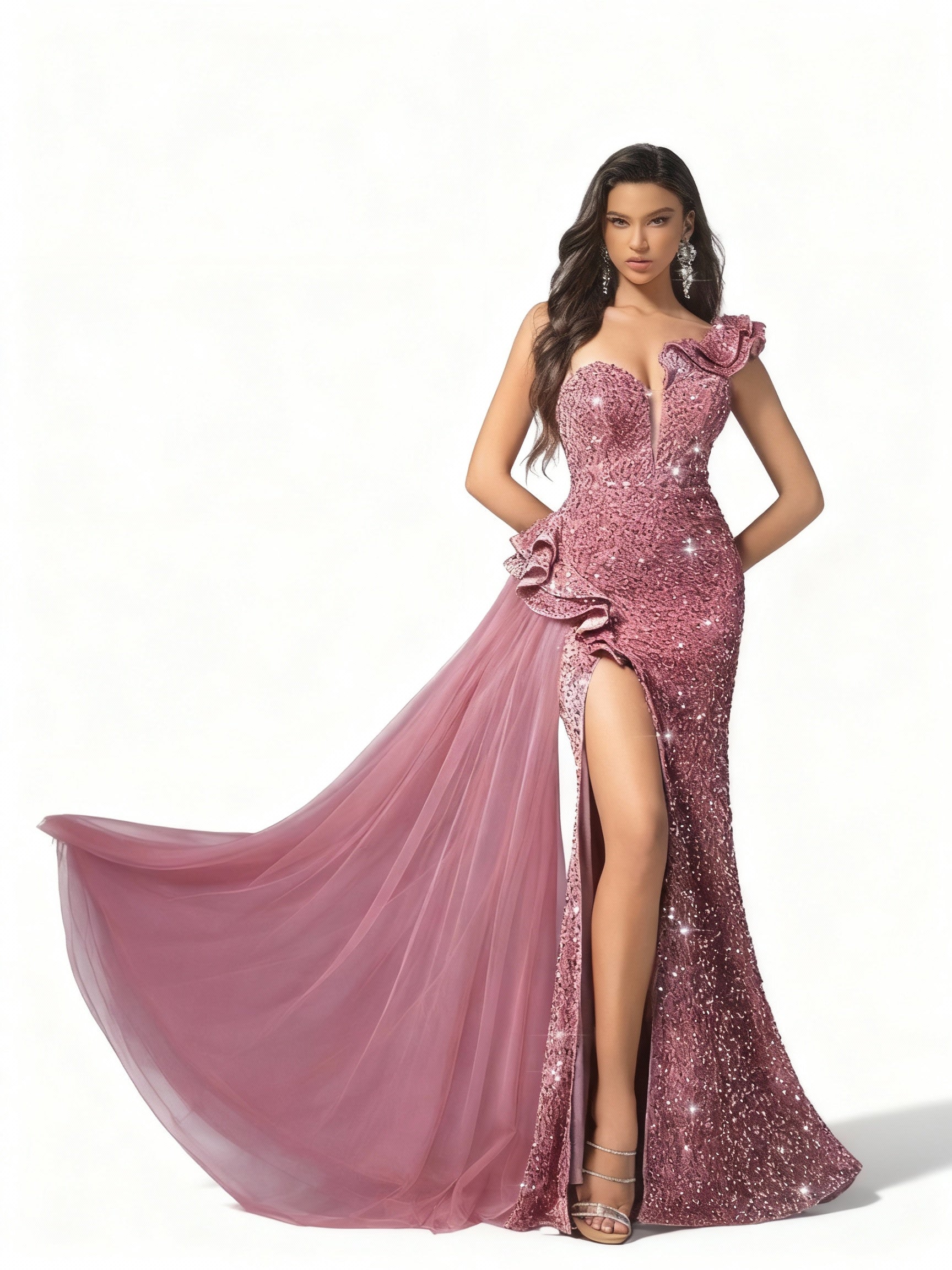 Stalluxe - Feenhaftes rosa Spitzenkleid mit Falten und Pailletten XL