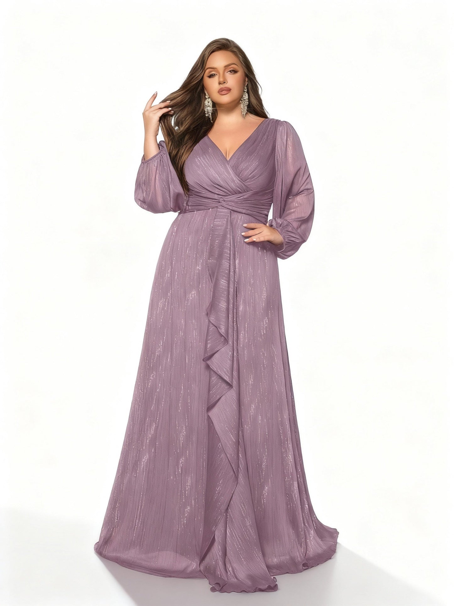 Stalluxe | Einfarbiges Langes Kleid mit Rüschen und Laternenärmeln