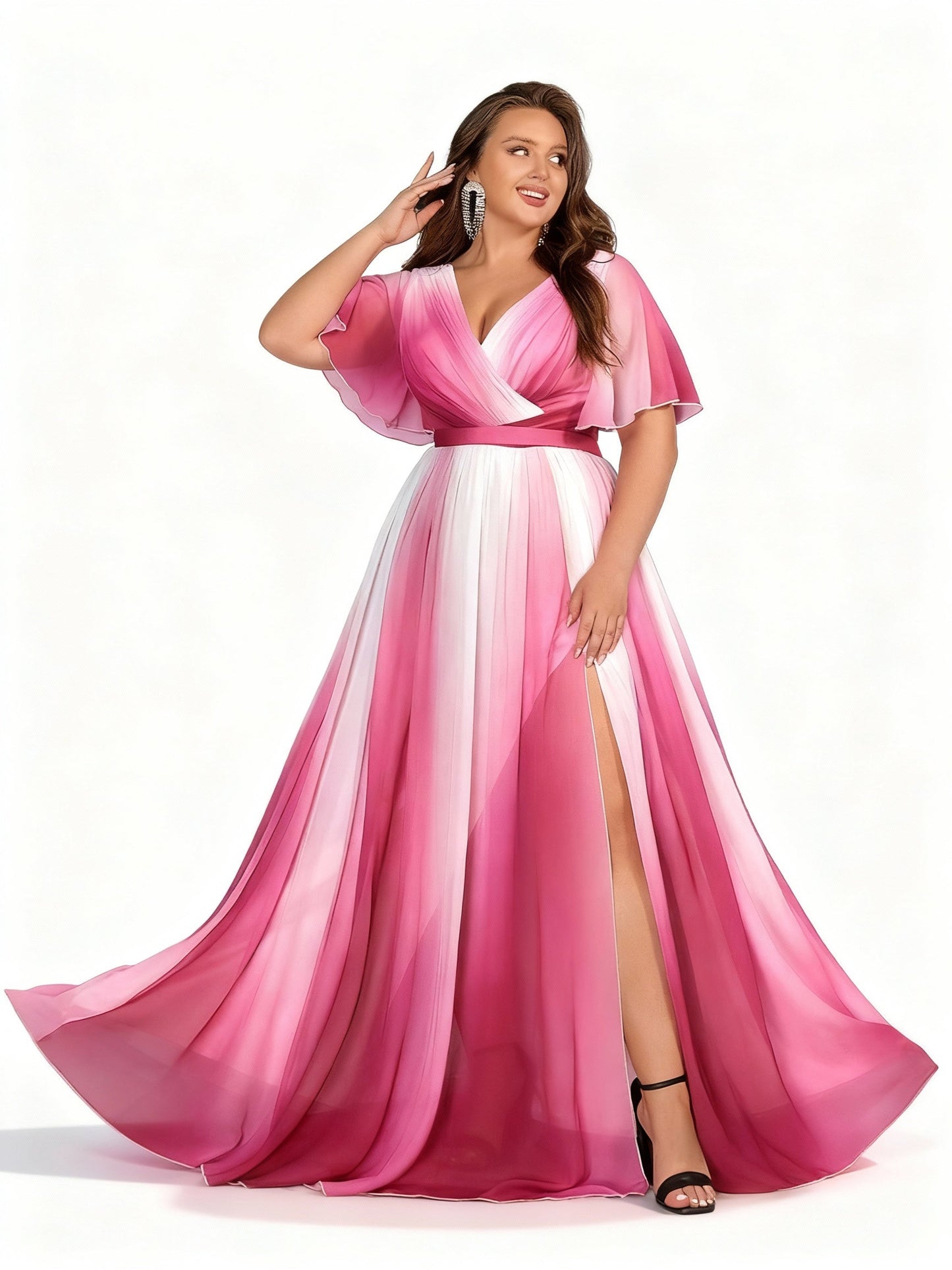 Stalluxe | Elegantes Chiffonkleid in Übergröße mit Farbverlauf, V-Ausschnitt und Schlitz