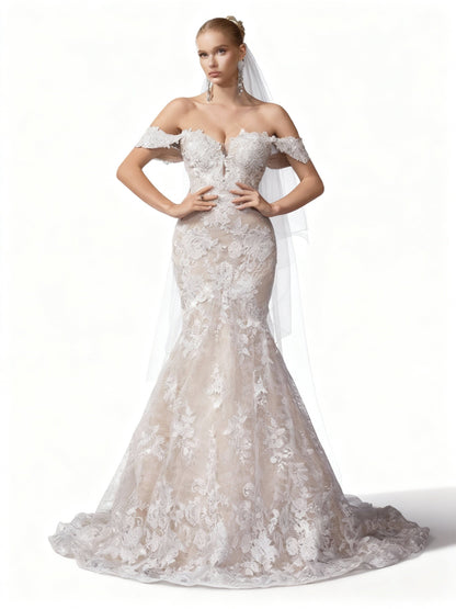 Stalluxe | Ein-Schulter Spitze Hochzeitskleid mit Falten und Blumenstickerei XL