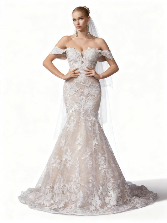 Stalluxe | Ein-Schulter Spitze Hochzeitskleid mit Falten und Blumenstickerei XL