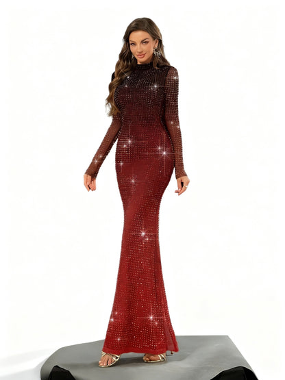 Stalluxe | Strasskleid mit Hohem Kragen und Langen Ärmeln Weinrot