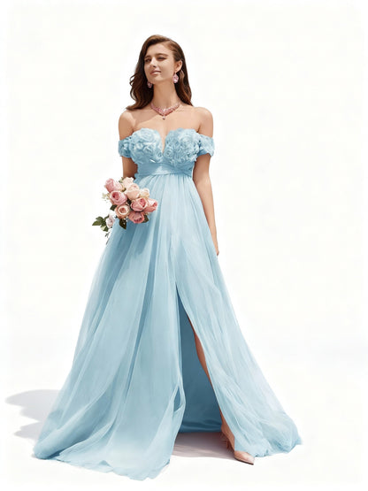 Stalluxe | Blumen-Meshkleid mit Schlitz und Schleppe Hellblau