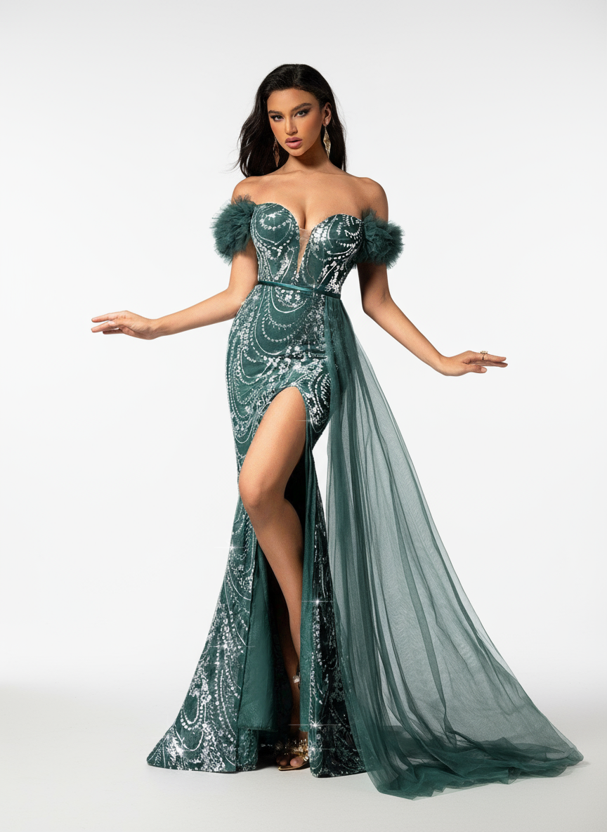 Stalluxe | Grünes Kleid mit Perlen und transparentem Fischschwanz-Schnitt