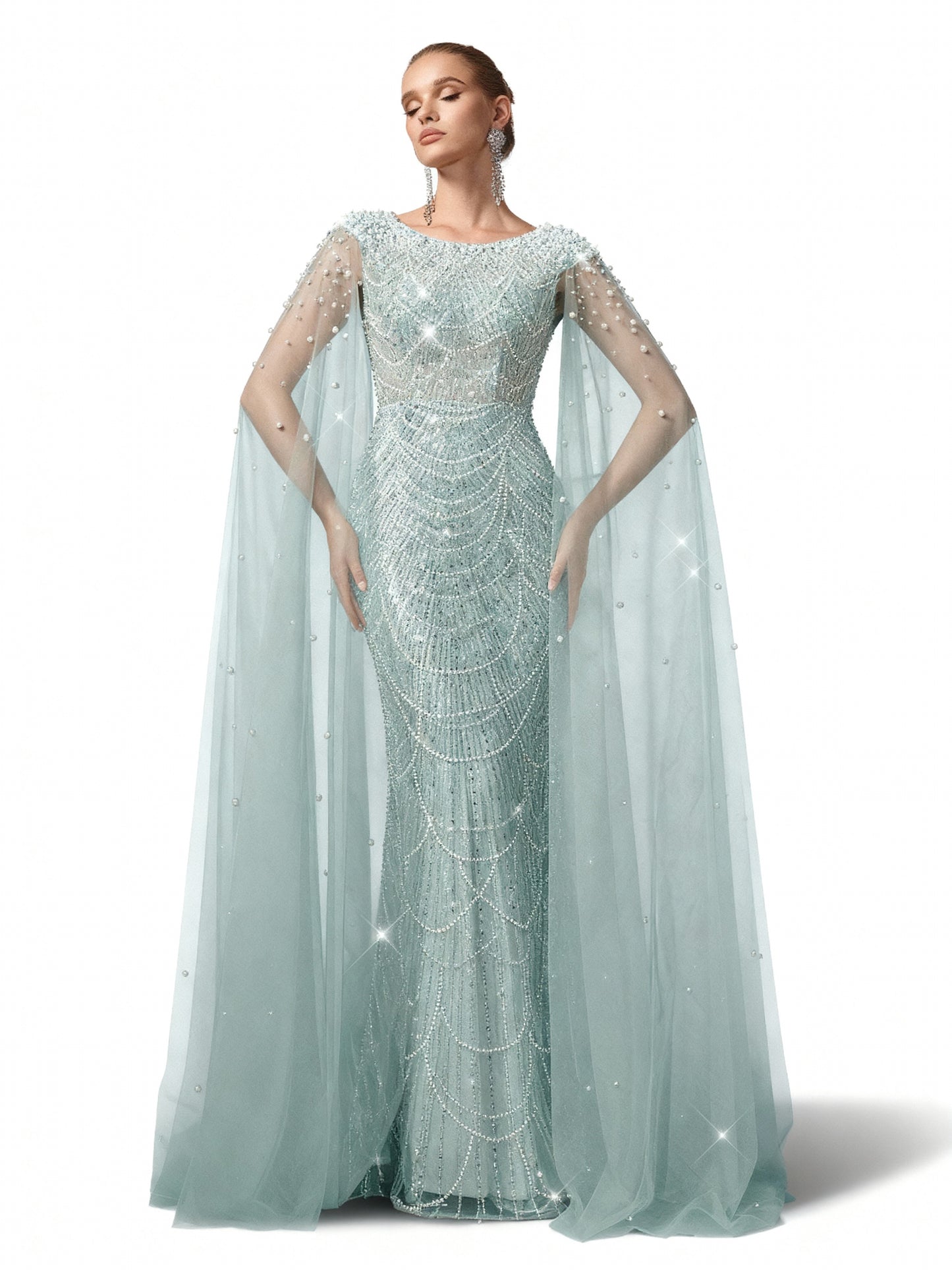 Stalluxe | Champagnerfarbenes Netzkleid mit Perlenverzierung Mintblau