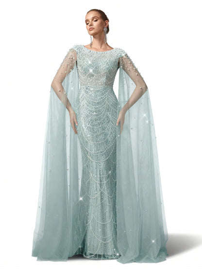 Stalluxe | Champagnerfarbenes Netzkleid mit Perlenverzierung Mintblau