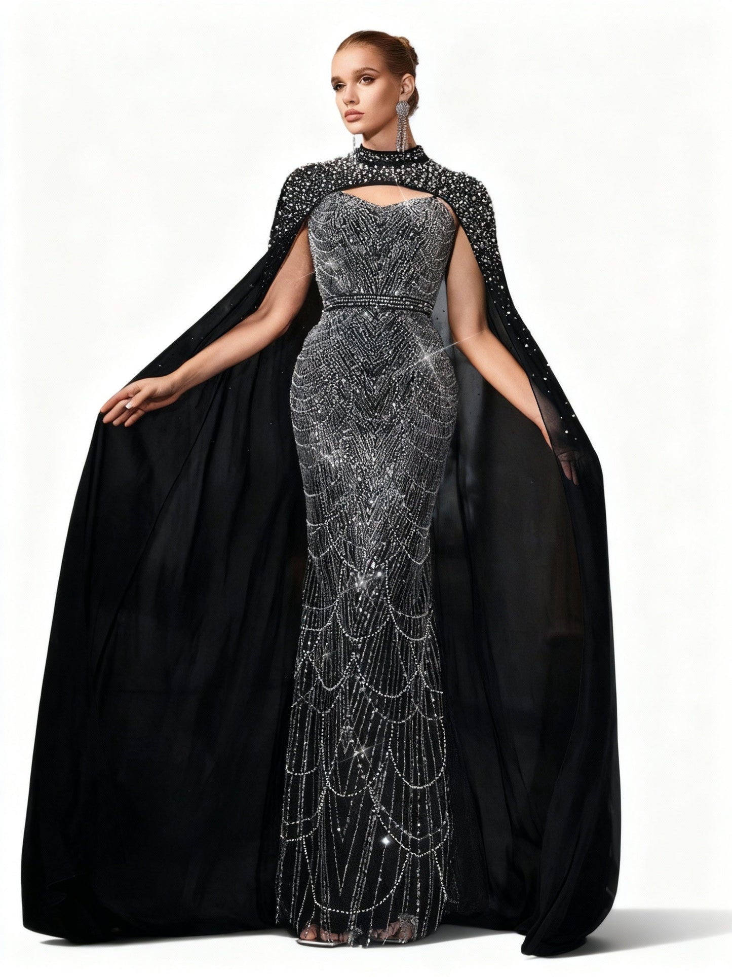 Stalluxe | Anmutiges Blaues Abendkleid mit Applikationen, Rüschenärmeln und Schlitz XS