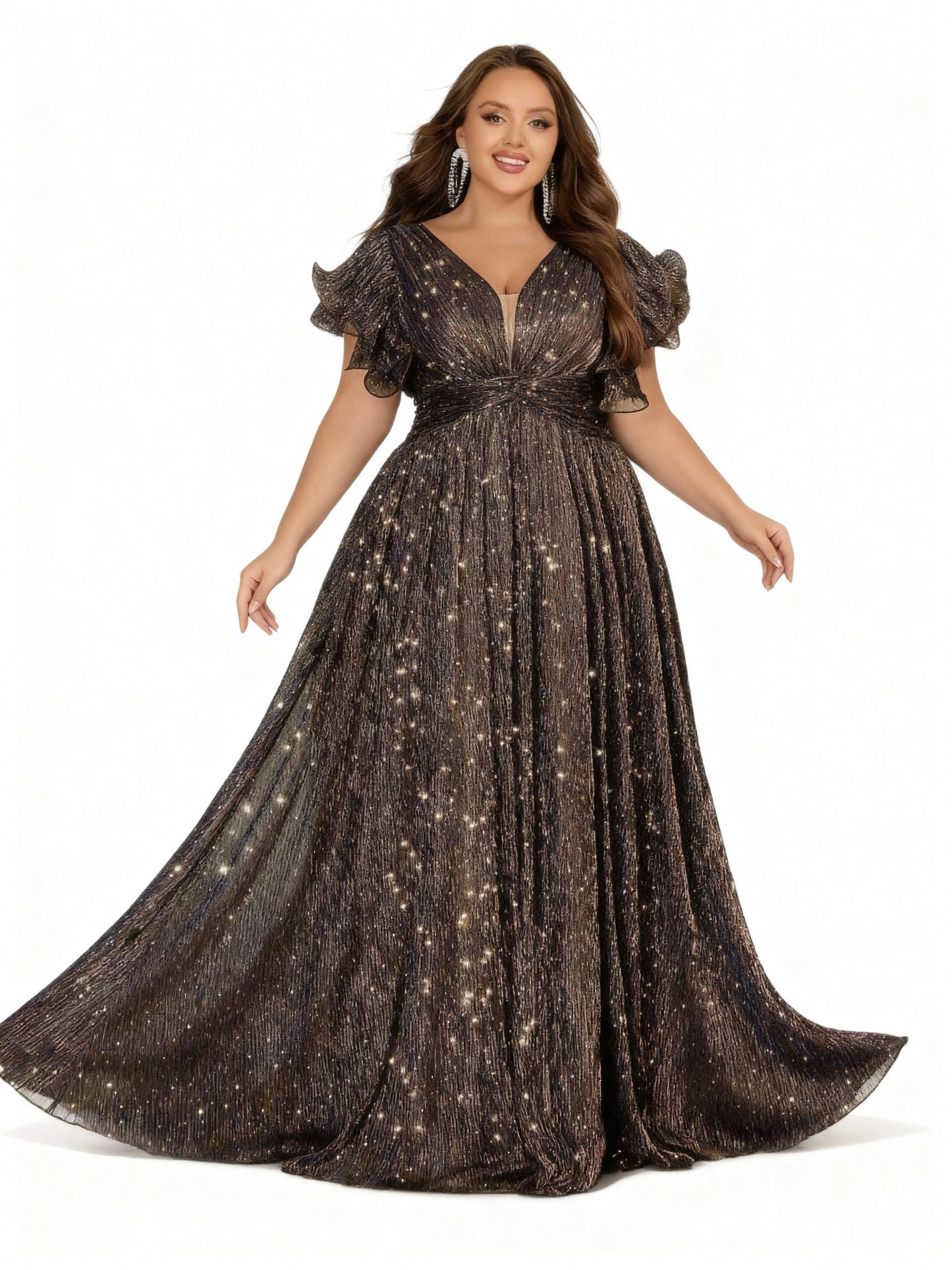 Stalluxe | Abendkleid in Lila mit Falten, Rüschen und kurzen Ärmeln in Übergröße Braun