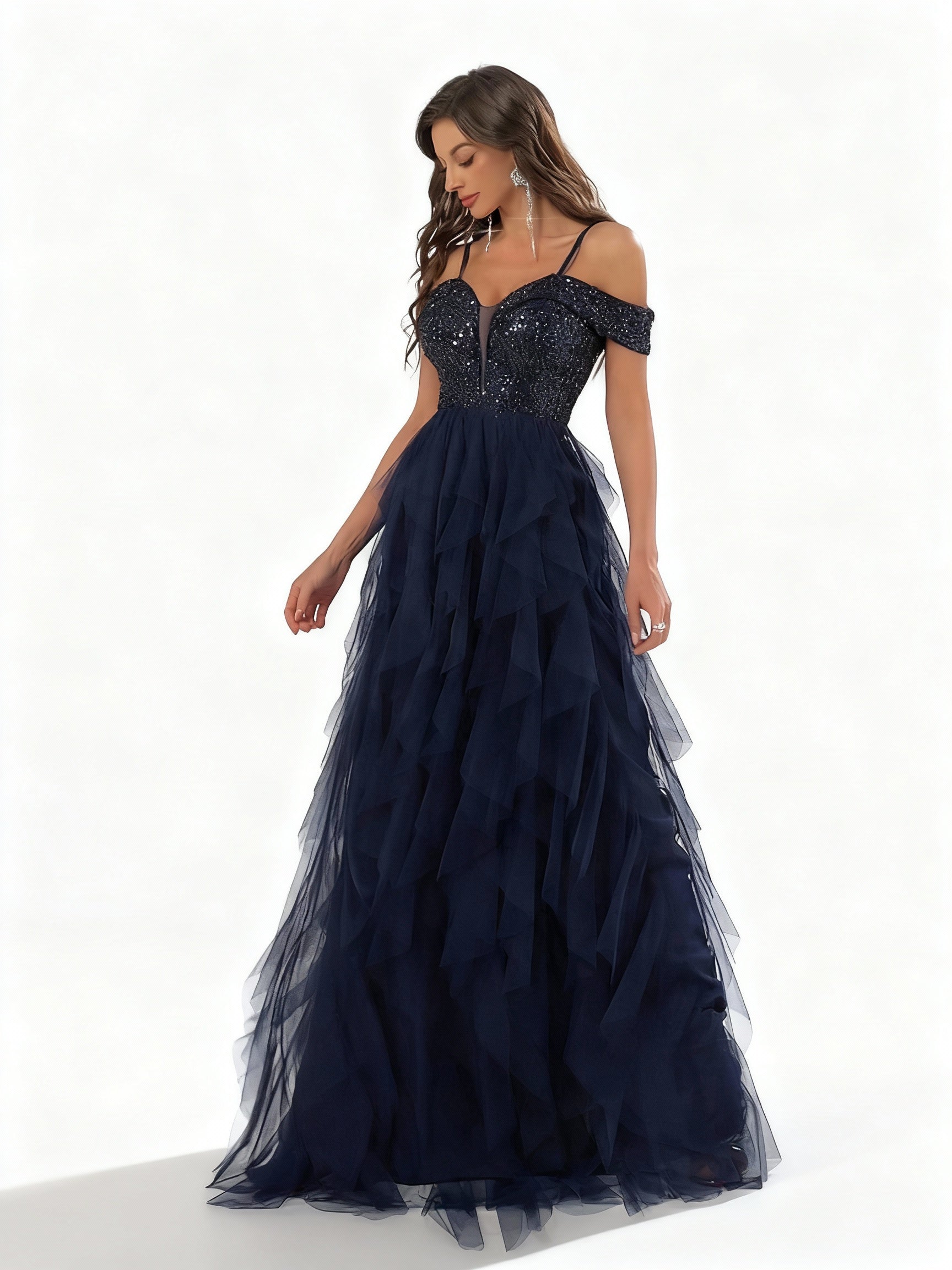 Stalluxe | Blaues Trägerloses Mesh-Abendkleid mit Falten für den Abschlussball