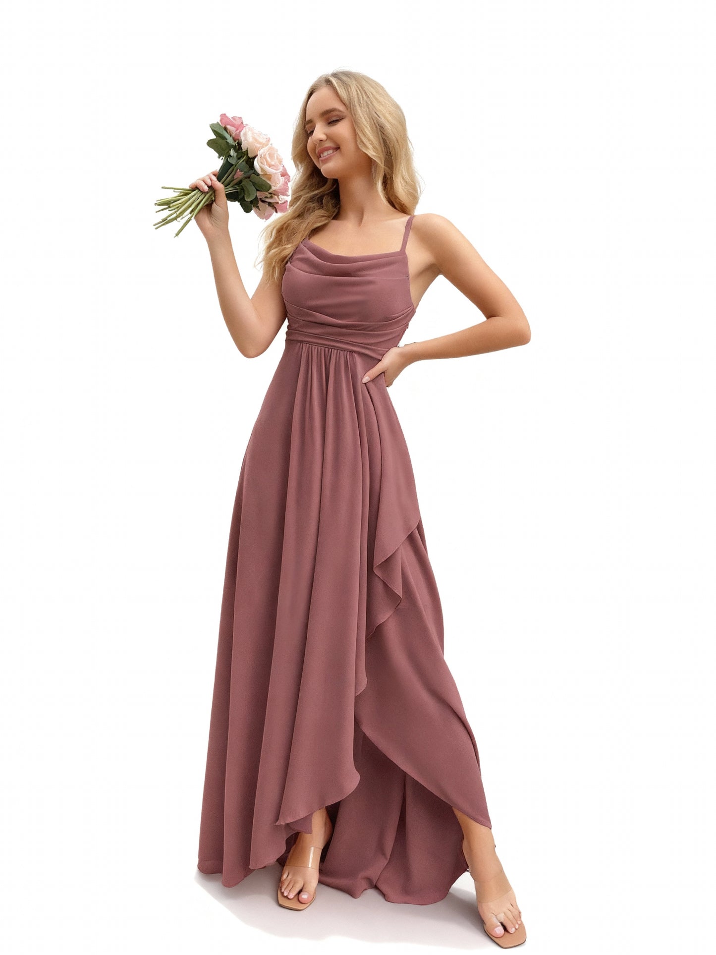 Stalluxe | Brautjungfernkleid mit Wasserfallausschnitt Korallenpuder