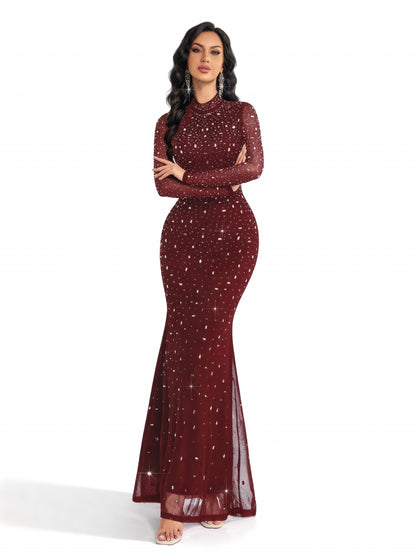 Stalluxe | Strasskleid mit Stehkragen und Fischschwanz Weinrot