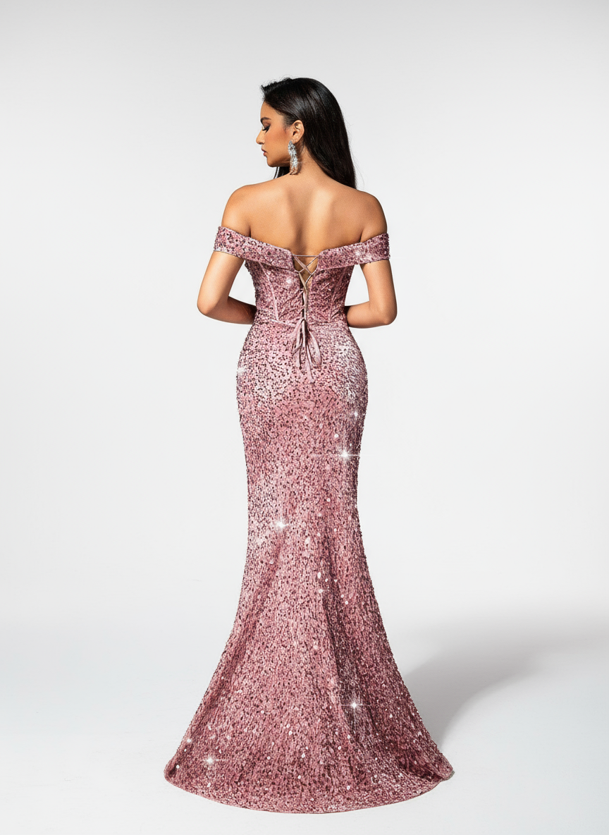 Stalluxe | Romantisches rosa One-Shoulder-Paillettenkleid mit Schlitz