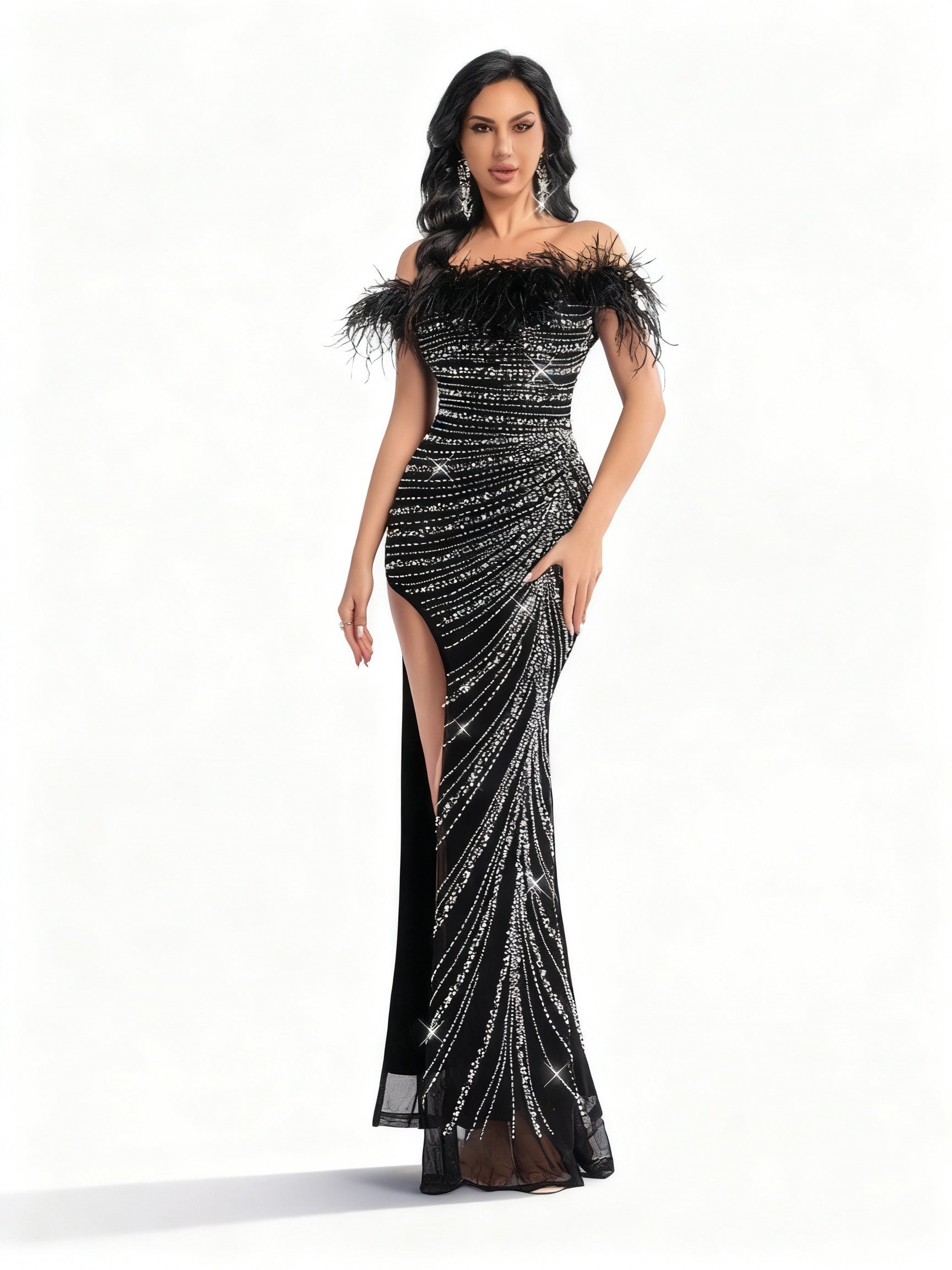 Stalluxe | Edles schwarzes One-Shoulder-Strasskleid