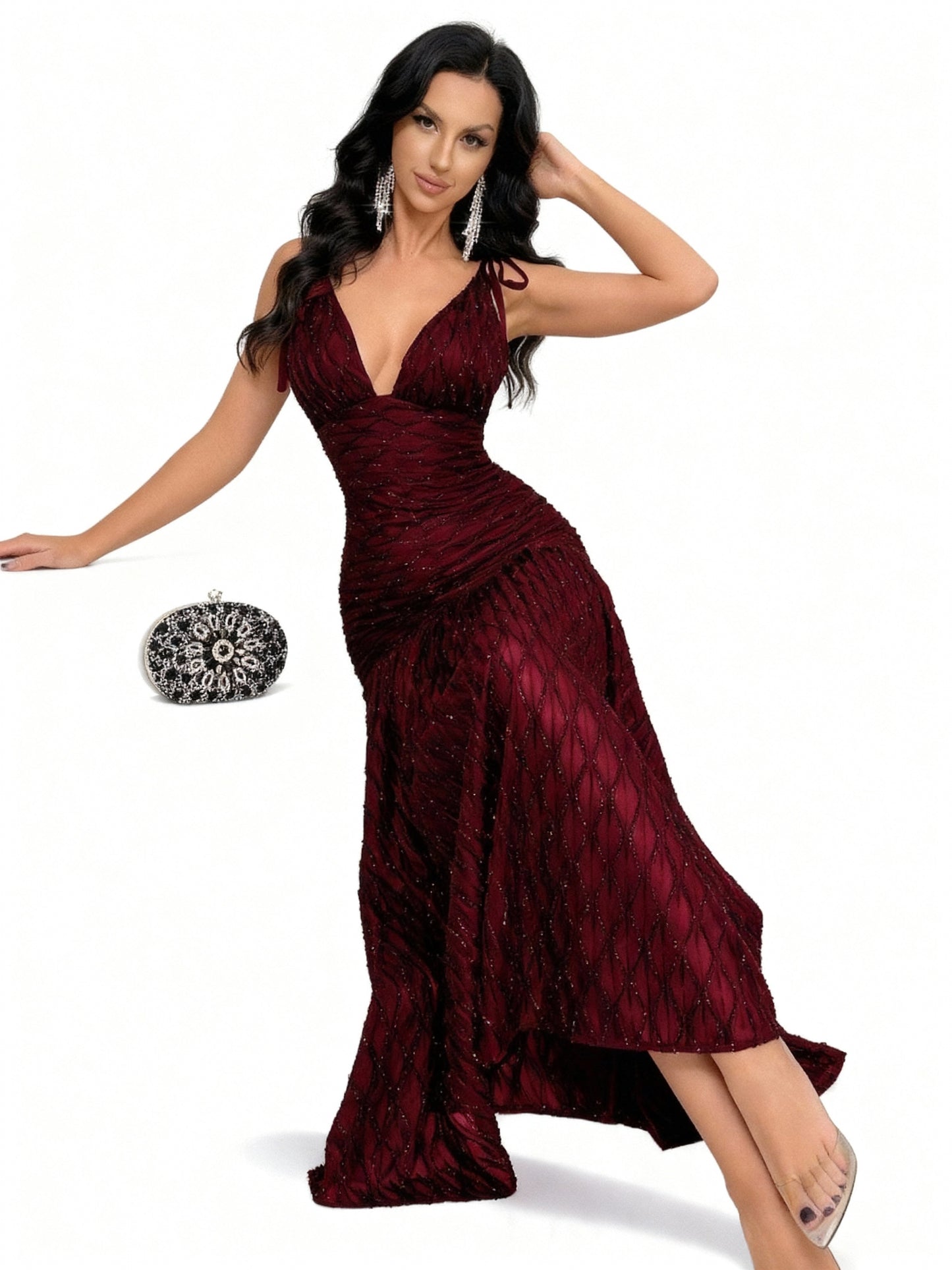 Stalluxe | Elegantes Abendkleid mit tiefem V-Ausschnitt, offenem Rücken und Meerjungfrauen-Saum