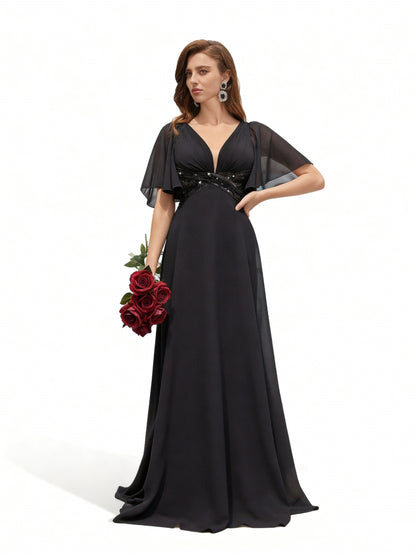 Stalluxe | Elegantes Chiffon-Abendkleid mit Pailletten, V-Ausschnitt und Rüschenärmeln