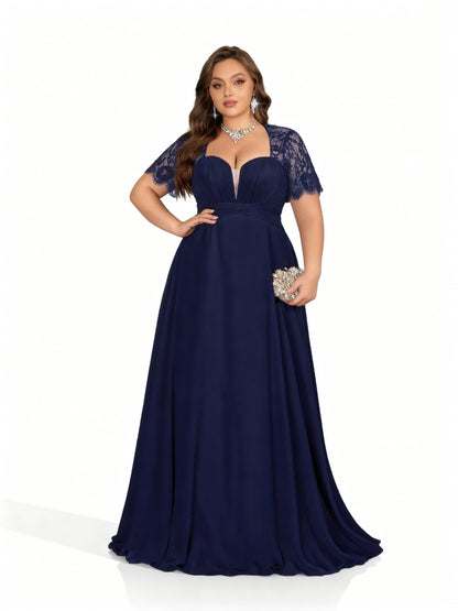 Stalluxe | Chiffonkleid mit Spitzenbesatz in Großen Größen Marineblau