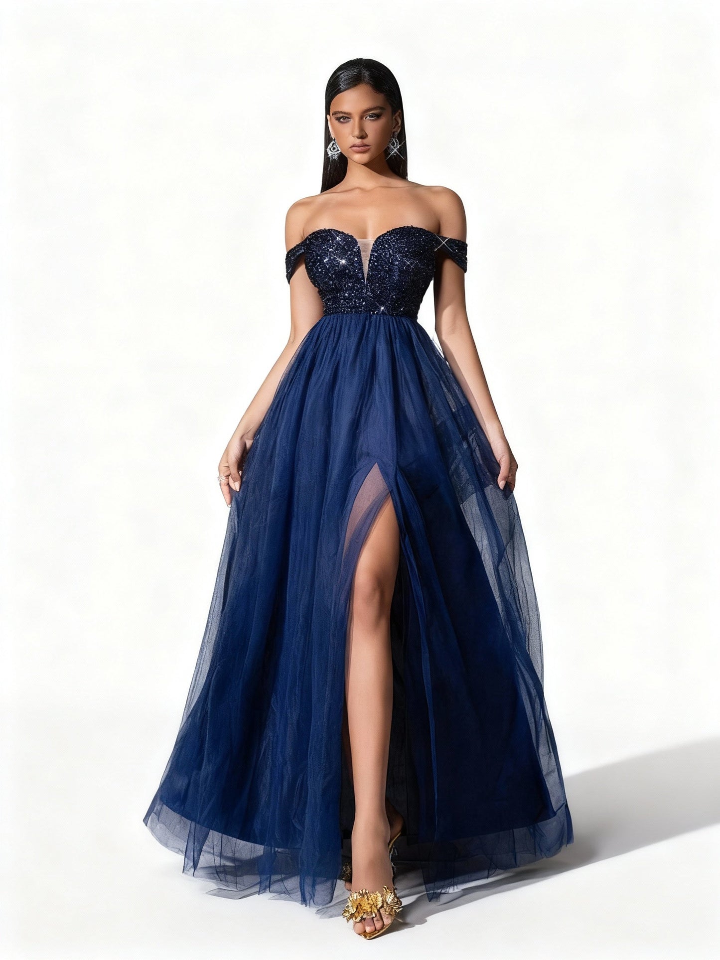 Stalluxe | Burgunderfarbenes Einseitiges Paillettenkleid aus Mesh Kobaltblau