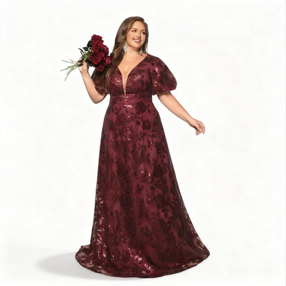Stalluxe | Elegantes Burgunderfarbenes Abendkleid mit Perlen und Puffärmeln in Übergröße