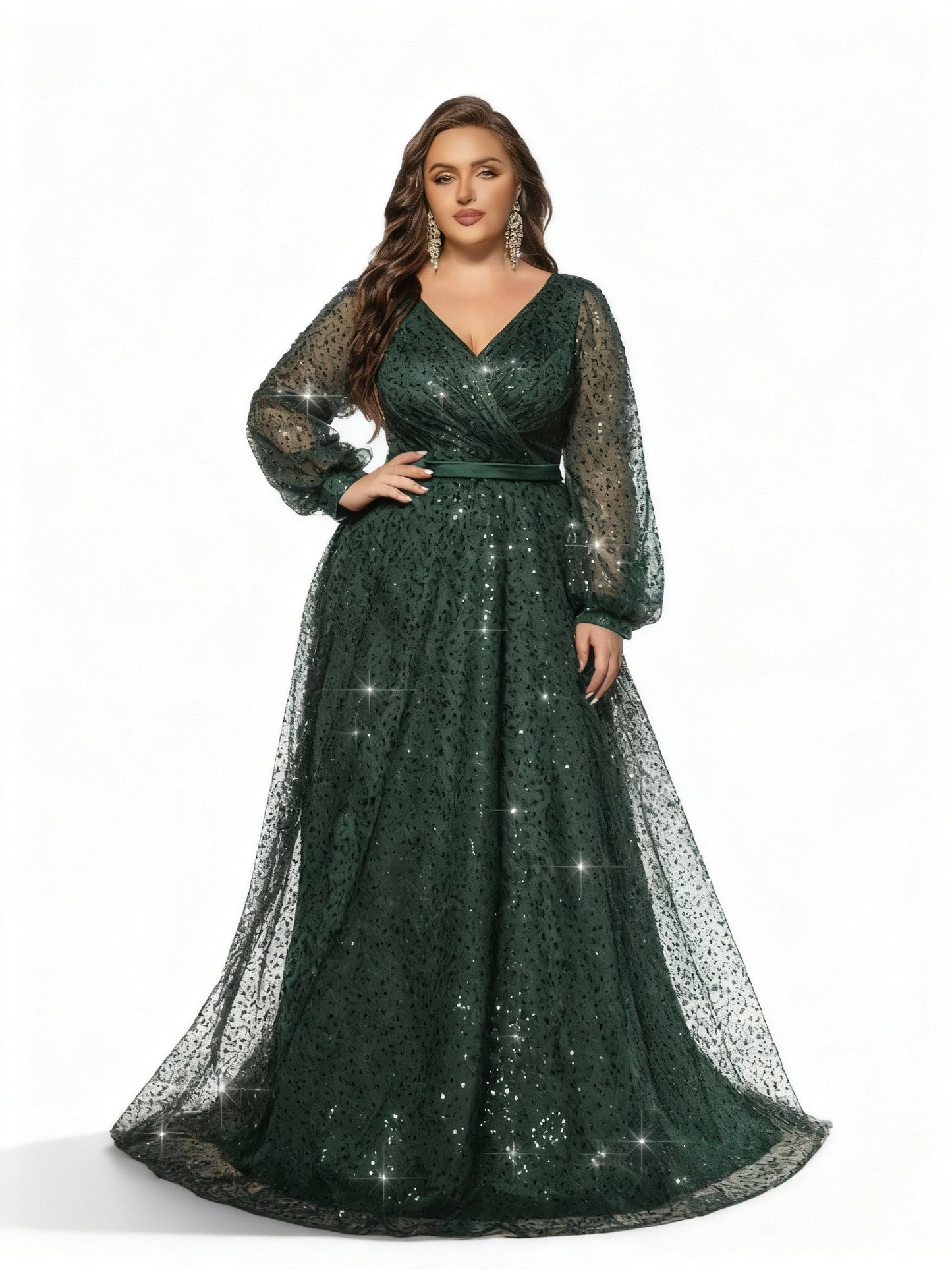 Stalluxe | Elegantes dunkelgrünes Paillettenkleid mit Laternenärmeln in Übergröße