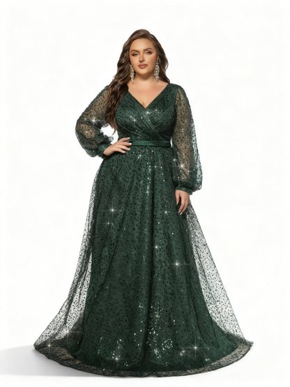 Stalluxe | Elegantes dunkelgrünes Paillettenkleid mit Laternenärmeln in Übergröße