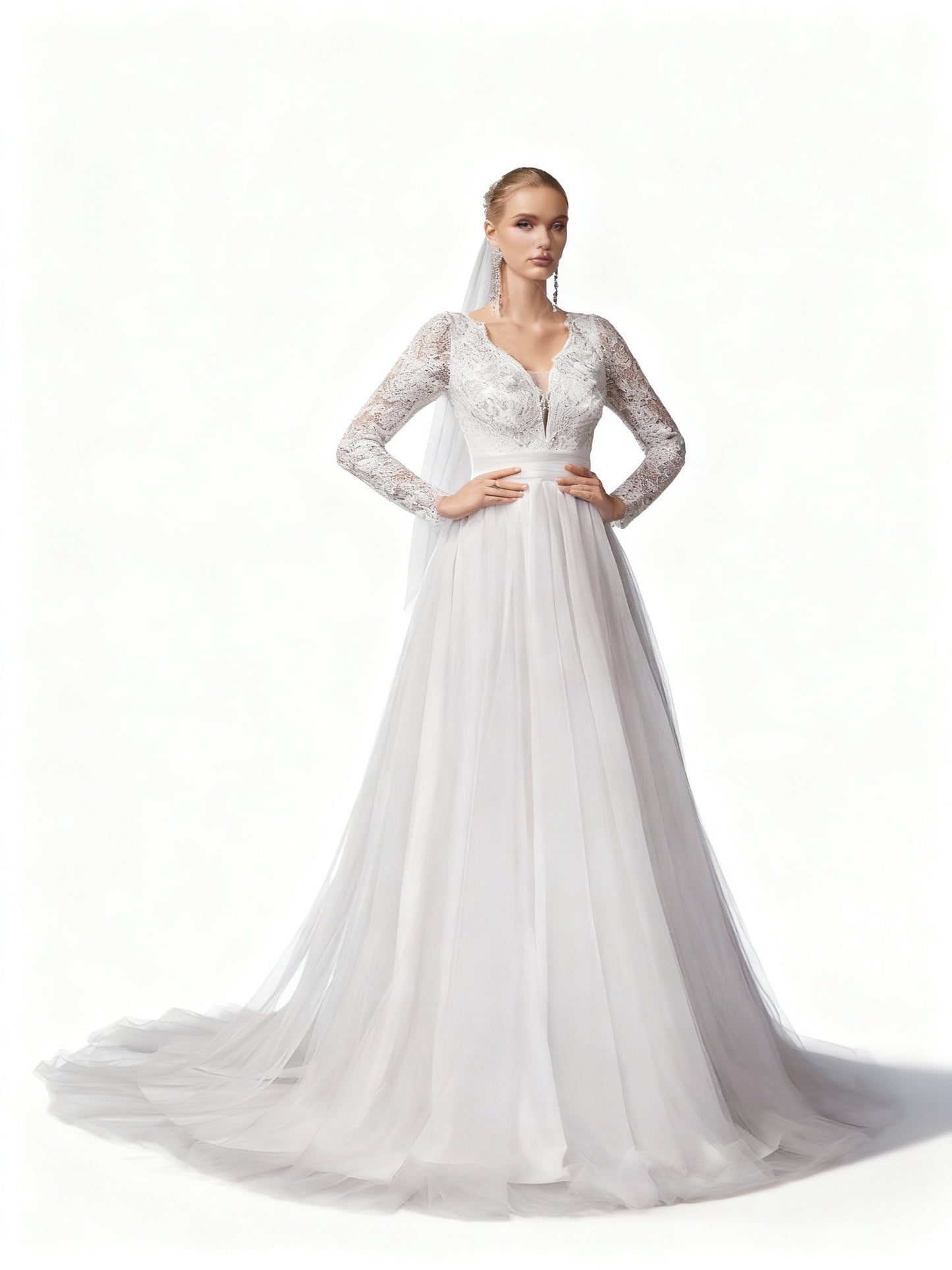 Stalluxe | Traumhaftes Spitze Mesh Brautkleid im Feenstil mit V-Ausschnitt