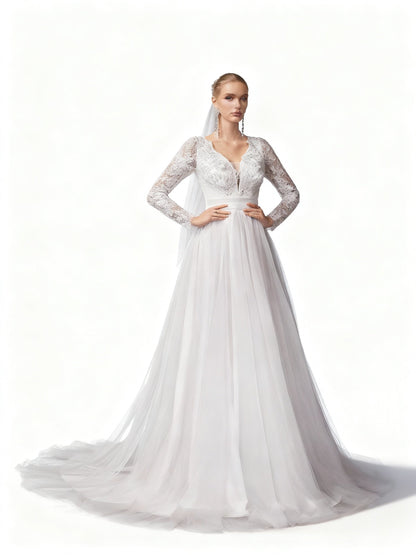 Stalluxe | Traumhaftes Spitze Mesh Brautkleid im Feenstil mit V-Ausschnitt