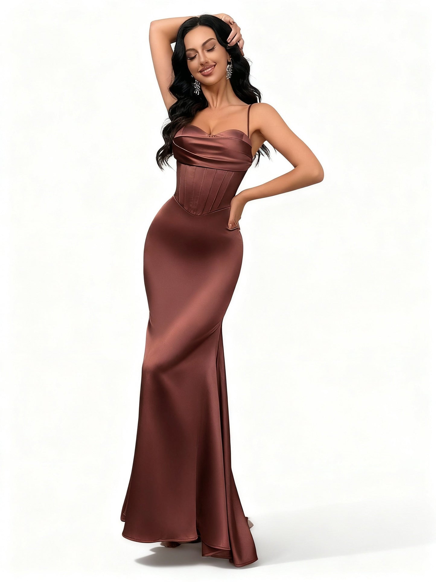 Stalluxe | Satinkleid mit Spaghettiträgern und Halterneck Mahagoni