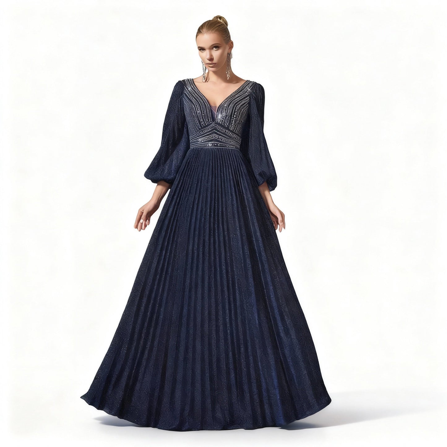 Stalluxe | Fantasievolles Blaues Abendkleid mit Strass und Laternenärmeln