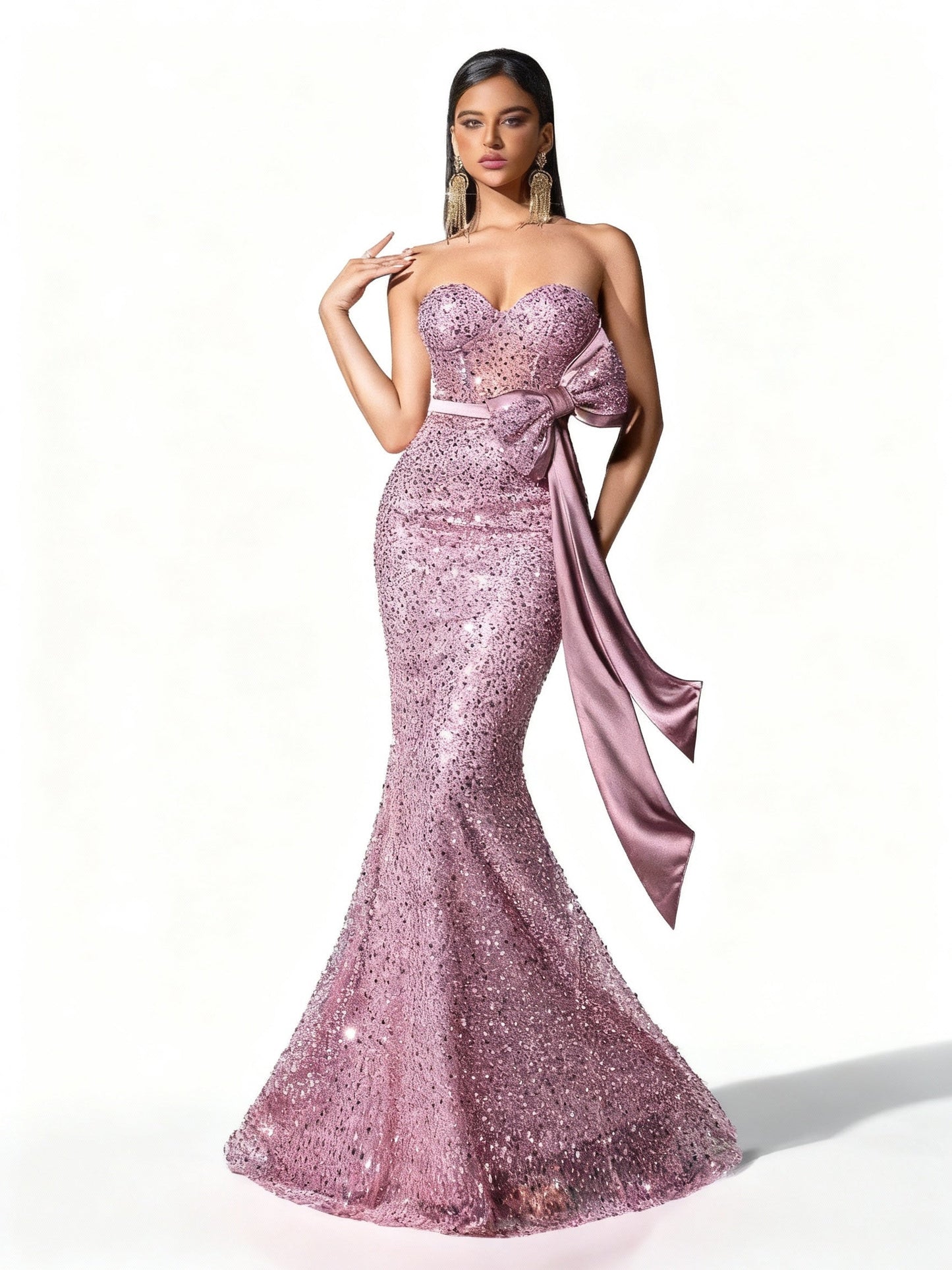 Stalluxe | Rosafarbenes Pailletten Abendkleid mit Schleife und Meerjungfrauen-Schnitt