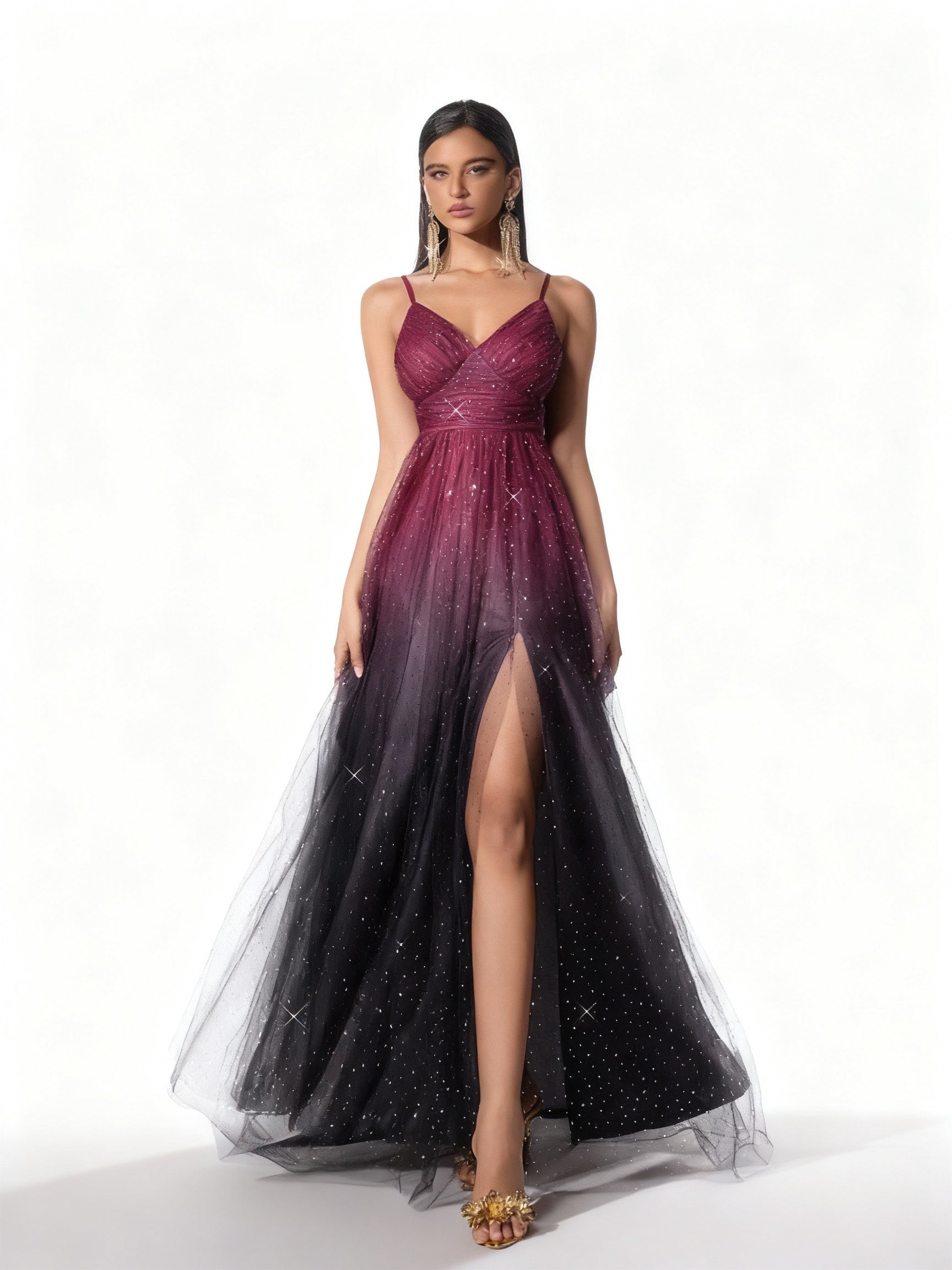 Stalluxe | Abendkleid mit Farbverlauf und Pailletten Weinrot