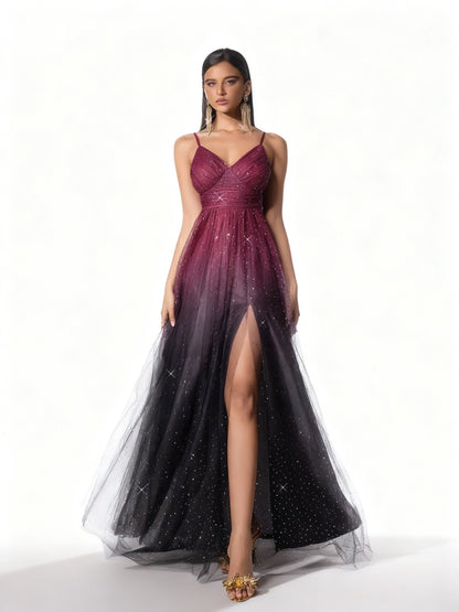 Stalluxe | Abendkleid mit Farbverlauf und Pailletten Weinrot