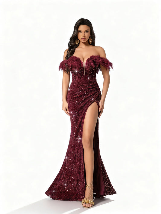 Stalluxe | Burgunderfarbenes One-Shoulder-Paillettenkleid mit Schlitz