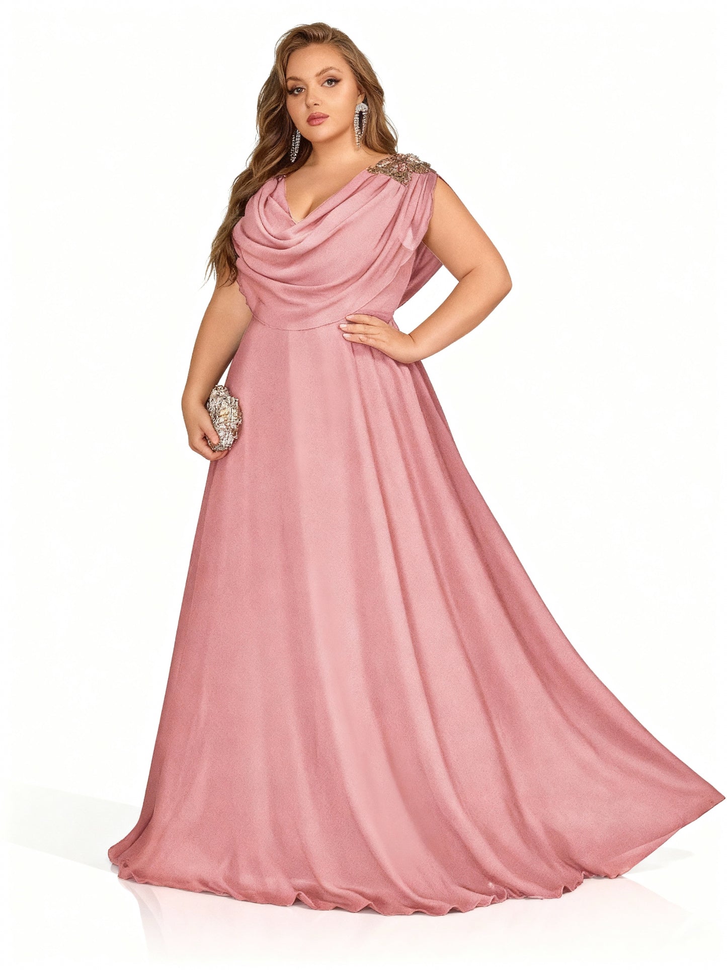 Stalluxe | Sommerliches Brautjungfernkleid in Übergröße mit Applikationen und tiefem V-Ausschnitt Rosa