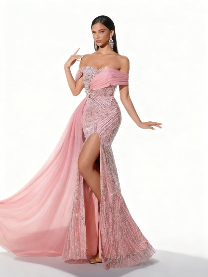 Stalluxe | Rosa Paillettenkleid ohne Träger mit Hohem Schlitz XL