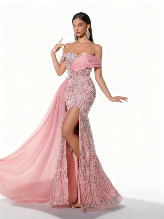 Stalluxe | Rosa Paillettenkleid ohne Träger mit Hohem Schlitz XL