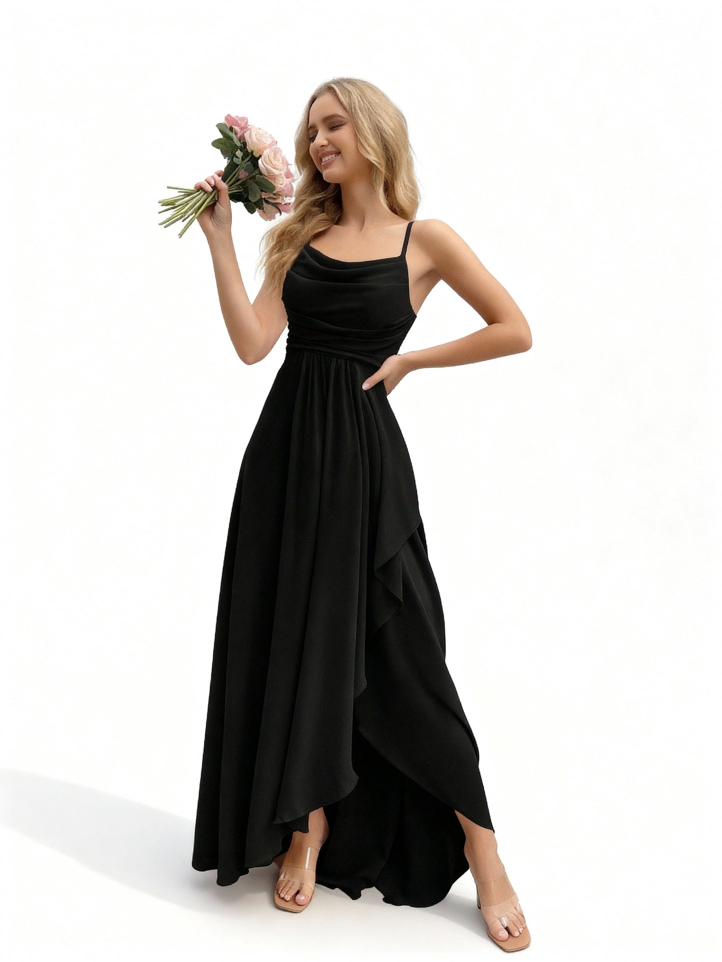 Stalluxe | Brautjungfernkleid mit Wasserfallausschnitt Schwarz