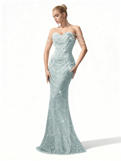 Stalluxe | Perlenverziertes Kleid mit Einer Schulter in Bodenlänge Mintblau