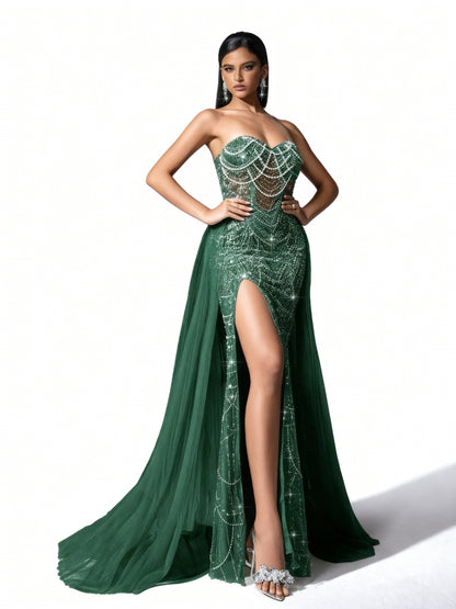 Stalluxe | Trägerloses Spitzenkleid mit Schnürung und Schlitz Grün