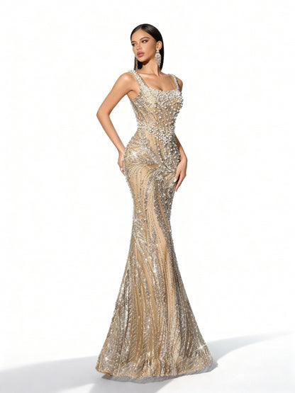 Stalluxe | Glänzendes Abendkleid mit Pailletten und Perlen, rückenfrei und ärmellos im Meerjungfrauenschnitt