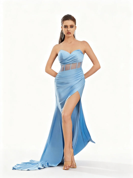 Stalluxe | Hellblaues Trägerloses Meshkleid mit Schlitz XL