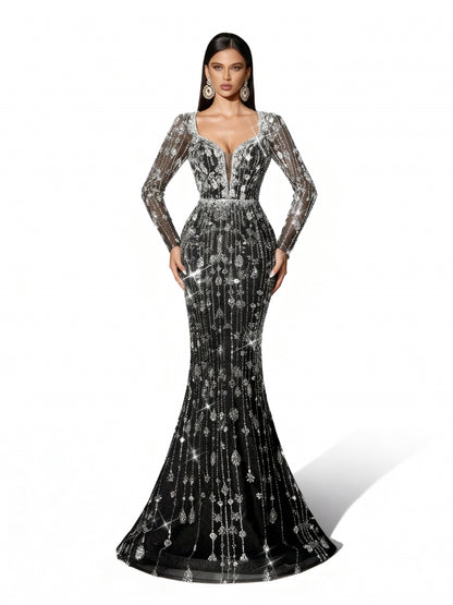 Stalluxe | Einfarbiges Paillettenkleid mit Tiefem V-Ausschnitt Schwarz