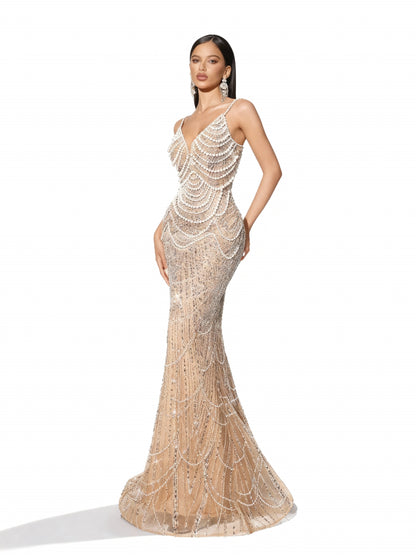 Stalluxe | Paillettenkleid mit Perlen und V-Ausschnitt im Meerjungfrauenschnitt